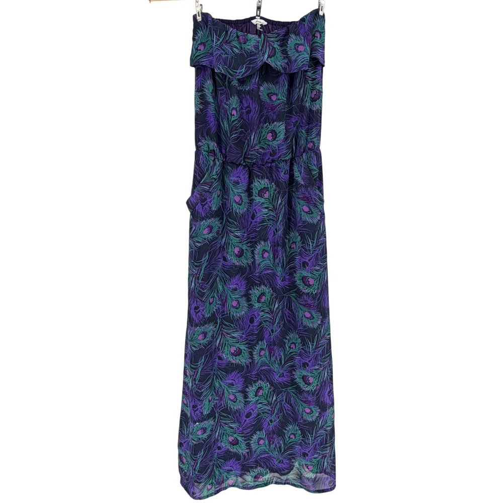 Kirra Maxi Dress M Purple Peacock Feather Print Strapless Ruffle Boho Long Dress